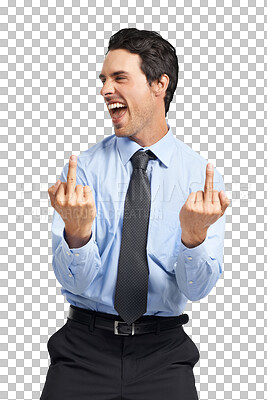 Buy stock photo Middle finger, crazy and business man laughing while isolated on a transparent PNG background. Corporate male employee screaming with rage, yelling and showing rude gesture, symbol and hand sign