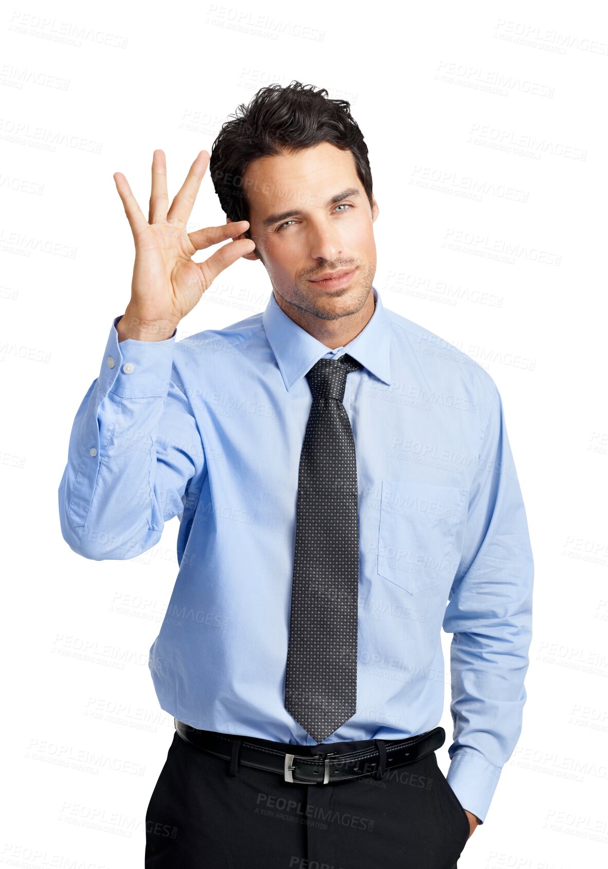 Buy stock photo Portrait, businessman or hand with size scale, measure or small on isolated, transparent or png background. Face, business man or finger sign for little or male employee with a review or feedback
