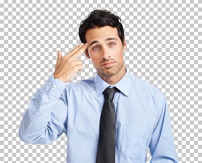 Buy stock photo Gun gesture, sad and portrait of a businessman with corporate burnout, stress and frustrated. Work, mental health problem and a worker with depression and tired isolated on transparent png background