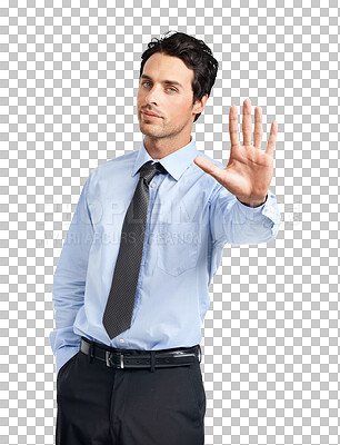 Buy stock photo Portrait, stop and warning with a business man isolated on a transparent background to gesture no or rejection. Corporate, angry and deny with a frustrated male employee showing his palm on PNG