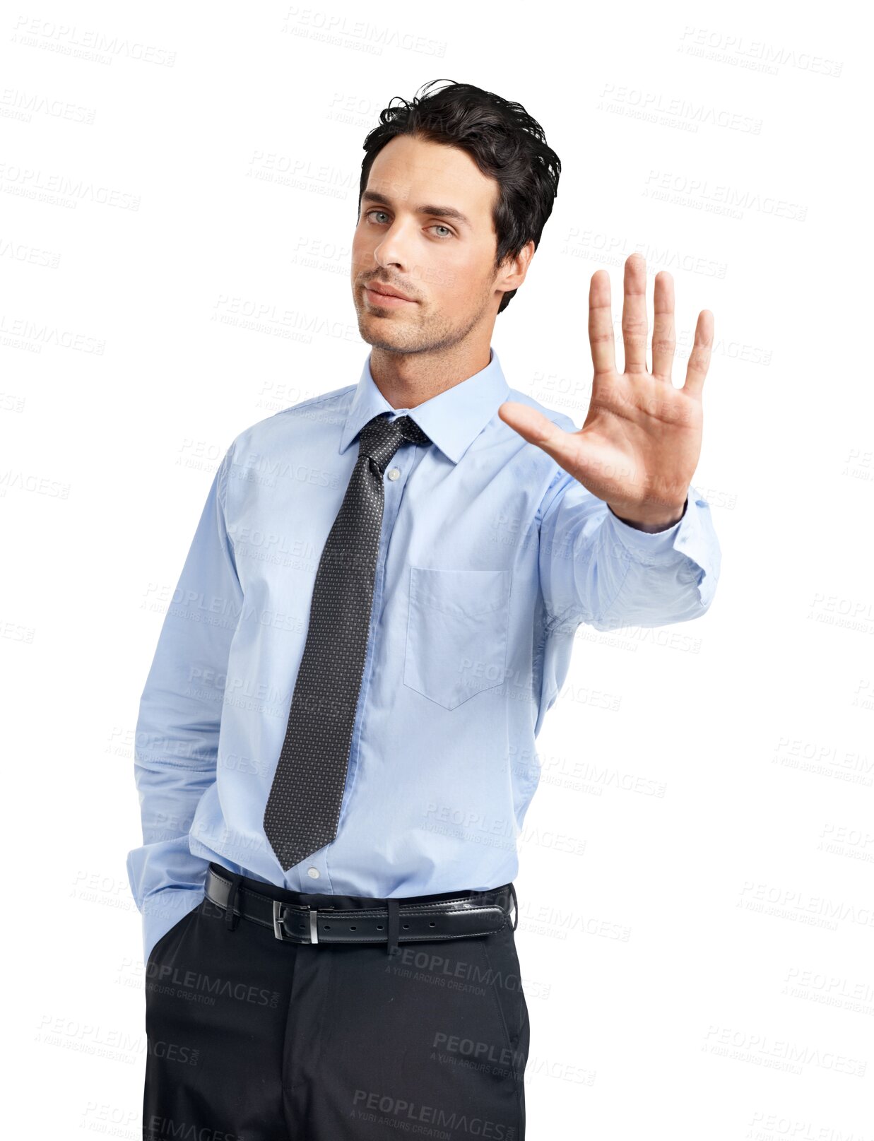 Buy stock photo Portrait, stop and warning with a business man isolated on a transparent background to gesture no or rejection. Corporate, angry and deny with a frustrated male employee showing his palm on PNG