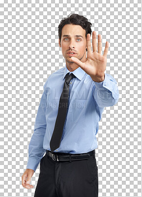 Buy stock photo Serious businessman, portrait and hand in stop standing isolated on a transparent PNG background. Man or employee showing hands or palm in halt, wait or sign for gesture in corporate business suit