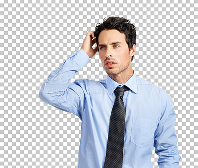 Buy stock photo Thinking, confused and business man with stress, worry or memory problem in financial mistake, crisis or error. Finance decision or doubt of corporate person isolated on transparent png background