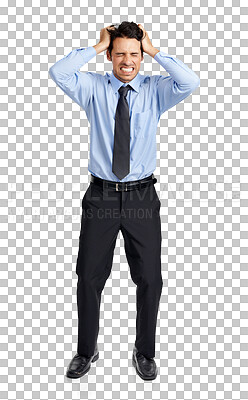 Buy stock photo Mental health, businessman frustrated and isolated transparent png background with stress. Depression or anxiety, problem or mistake and young male person angry for bad news or financial crisis