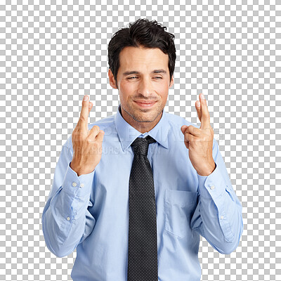 Buy stock photo Business, fingers crossed and man with hope, thinking or anxious agent isolated on a transparent background. Male person, employee or consultant with hand gesture, opportunity or nervous with png