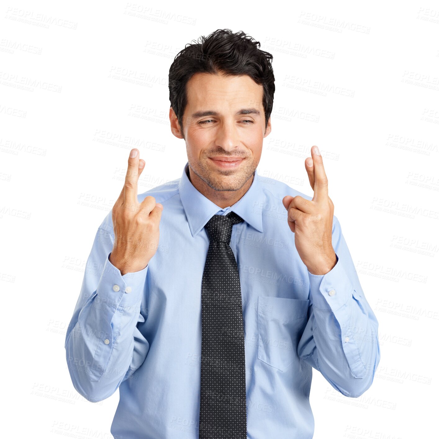 Buy stock photo Business, fingers crossed and man with hope, thinking or anxious agent isolated on a transparent background. Male person, employee or consultant with hand gesture, opportunity or nervous with png