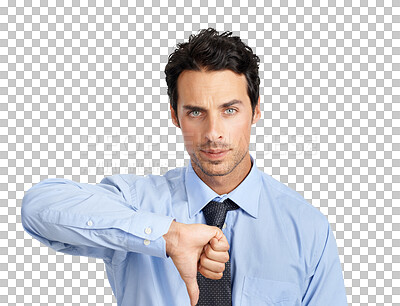 Buy stock photo Business man, thumbs down and emoji, portrait and hand gesture with negative review isolated on png transparent background. Professional problem, male employee and bad feedback, fail and disagreement