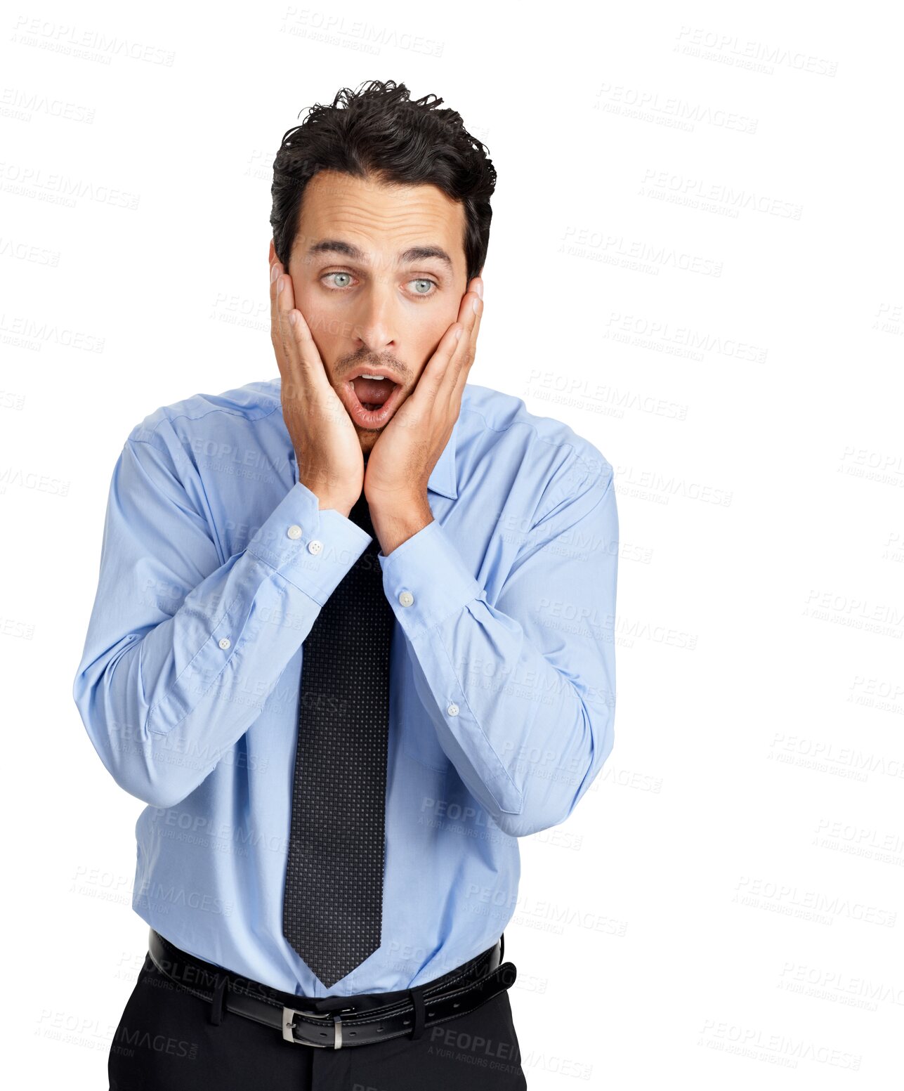 Buy stock photo Surprise, wow and businessman with a facial reaction to bad news, wtf and ashamed. Corporate, shocked and a young employee with omg expression isolated on transparent png background for embarrassment