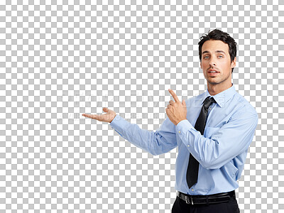 Buy stock photo Portrait, pointing or presentation with a business man isolated on transparent background to show an option. Hand, information or announcement with a male employee marketing and advertising on PNG