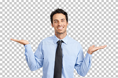 Buy stock photo Portrait, options or presentation with a business man isolated on transparent background advertising a choice. Question, compare or gesture with a happy young male employee holding open palm on PNG