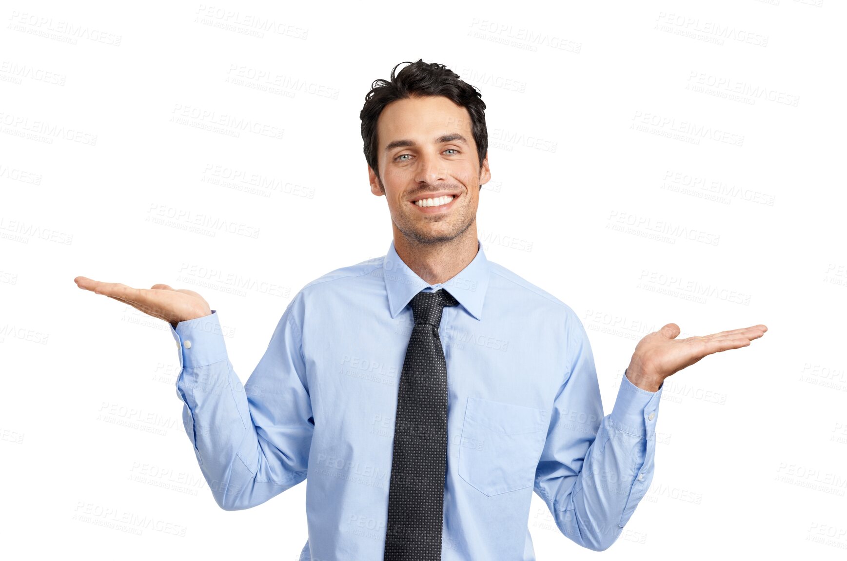 Buy stock photo Portrait, options or presentation with a business man isolated on transparent background advertising a choice. Question, compare or gesture with a happy young male employee holding open palm on PNG