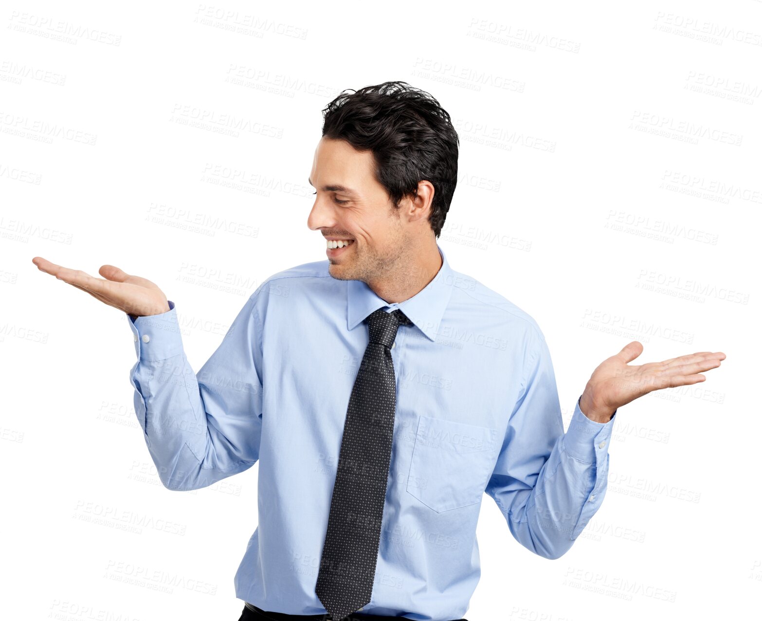 Buy stock photo Decision, options or compare with business man isolated on transparent background weighing up choice. Question, presentation or gesture with happy young male employee holding a png product placement