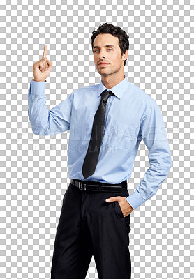Buy stock photo Portrait, pointing and information with a business man isolated on a transparent background to explain an option. Hand, announcement or presentation with a handsome male employee choosing on PNG