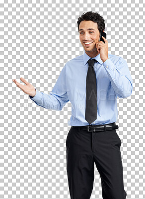 Buy stock photo Phone call, explain and business man for communication, news or advice isolated on transparent, png background. Happy consultant, agent or corporate person talking, networking or questions on mobile