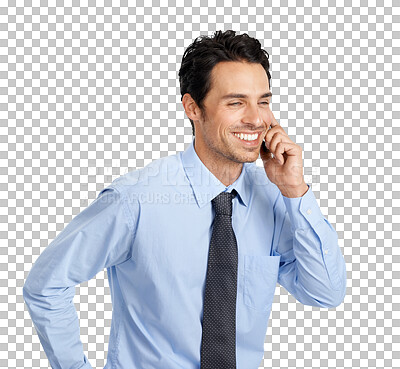 Buy stock photo Phone call, happy and business man smile for communication or opportunity isolated on transparent, png background. Corporate person speaking, conversation or chat on mobile, news or networking idea
