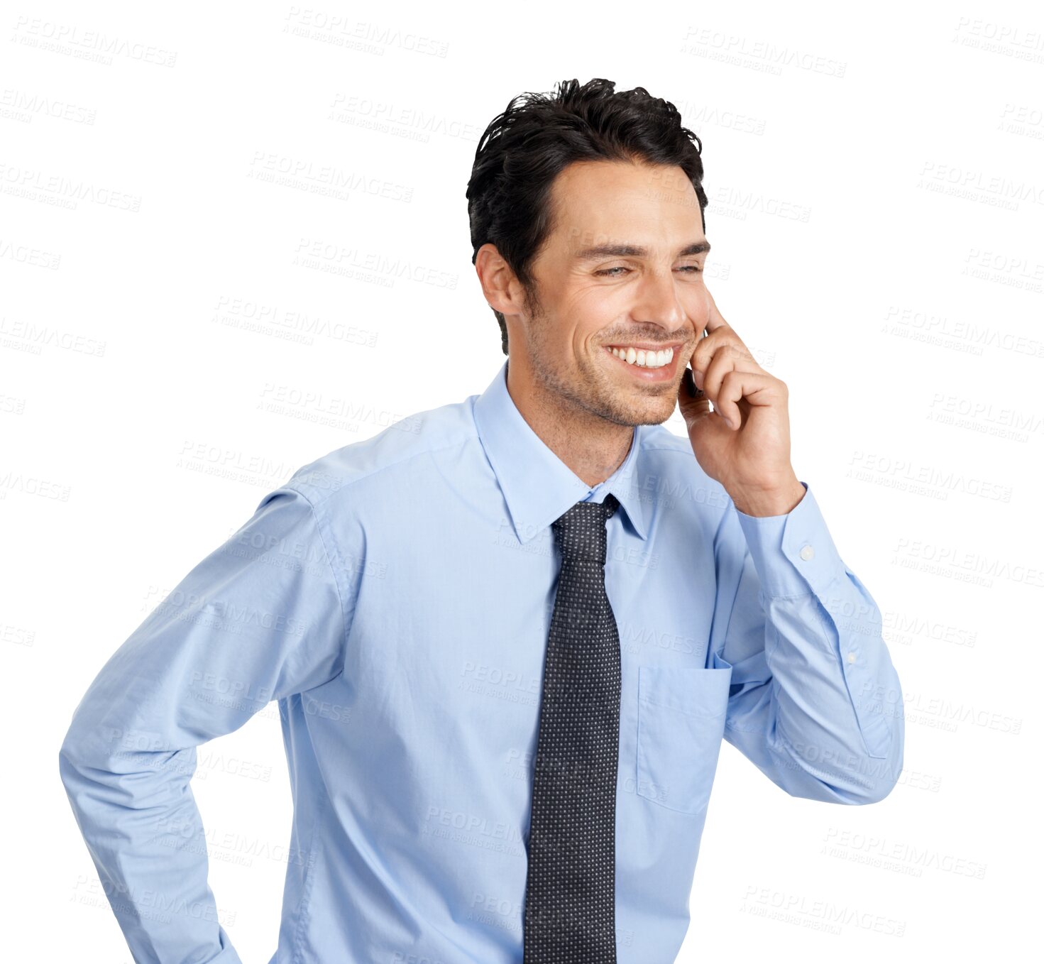Buy stock photo Phone call, happy and business man smile for communication or opportunity isolated on transparent, png background. Corporate person speaking, conversation or chat on mobile, news or networking idea
