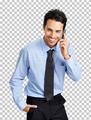Buy stock photo Business man, phone call and happy communication, networking or chat isolated on transparent, png background. Corporate person speaking, conversation or listening on mobile to job news or opportunity