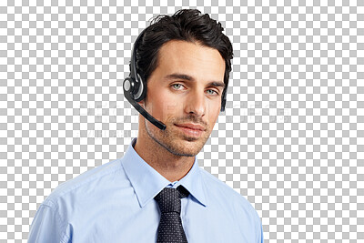 Buy stock photo Call center, portrait and business man, consultant or agent in virtual communication, customer support and contact. Face of agency person or salesman for advice isolated on transparent png background