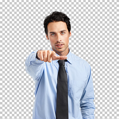 Buy stock photo Portrait, pointing to you or man with an opportunity, business or consultant isolated on a transparent background. Male person, employee or entrepreneur with hand gesture, png or success with support