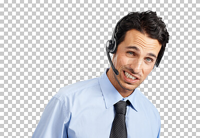 Buy stock photo Businessman, funny face and call center headphones for customer service isolated on a transparent PNG background. Goofy man, consultant agent and headset for online advice, mistake or telemarketing
