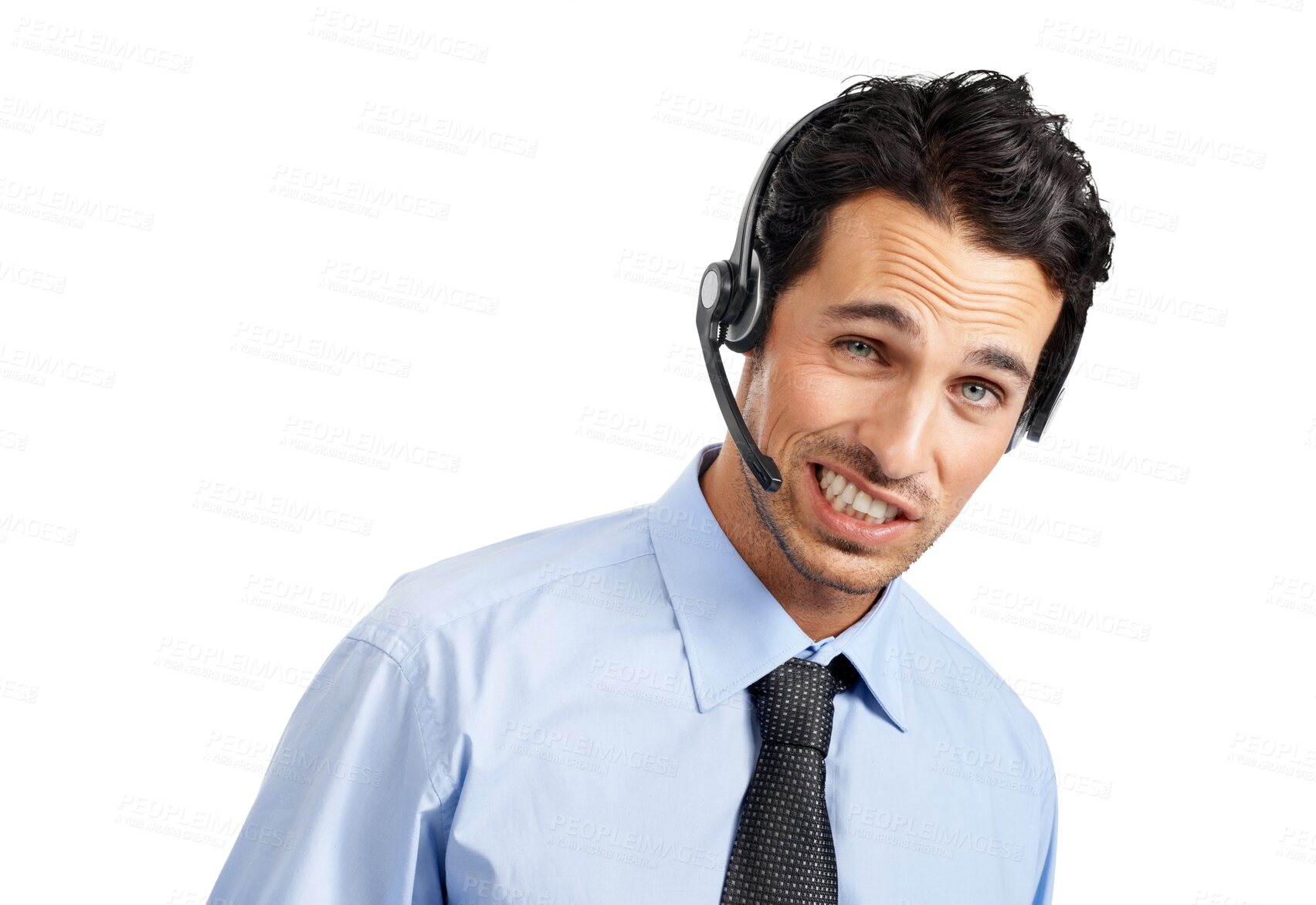 Buy stock photo Businessman, funny face and call center headphones for customer service isolated on a transparent PNG background. Goofy man, consultant agent and headset for online advice, mistake or telemarketing