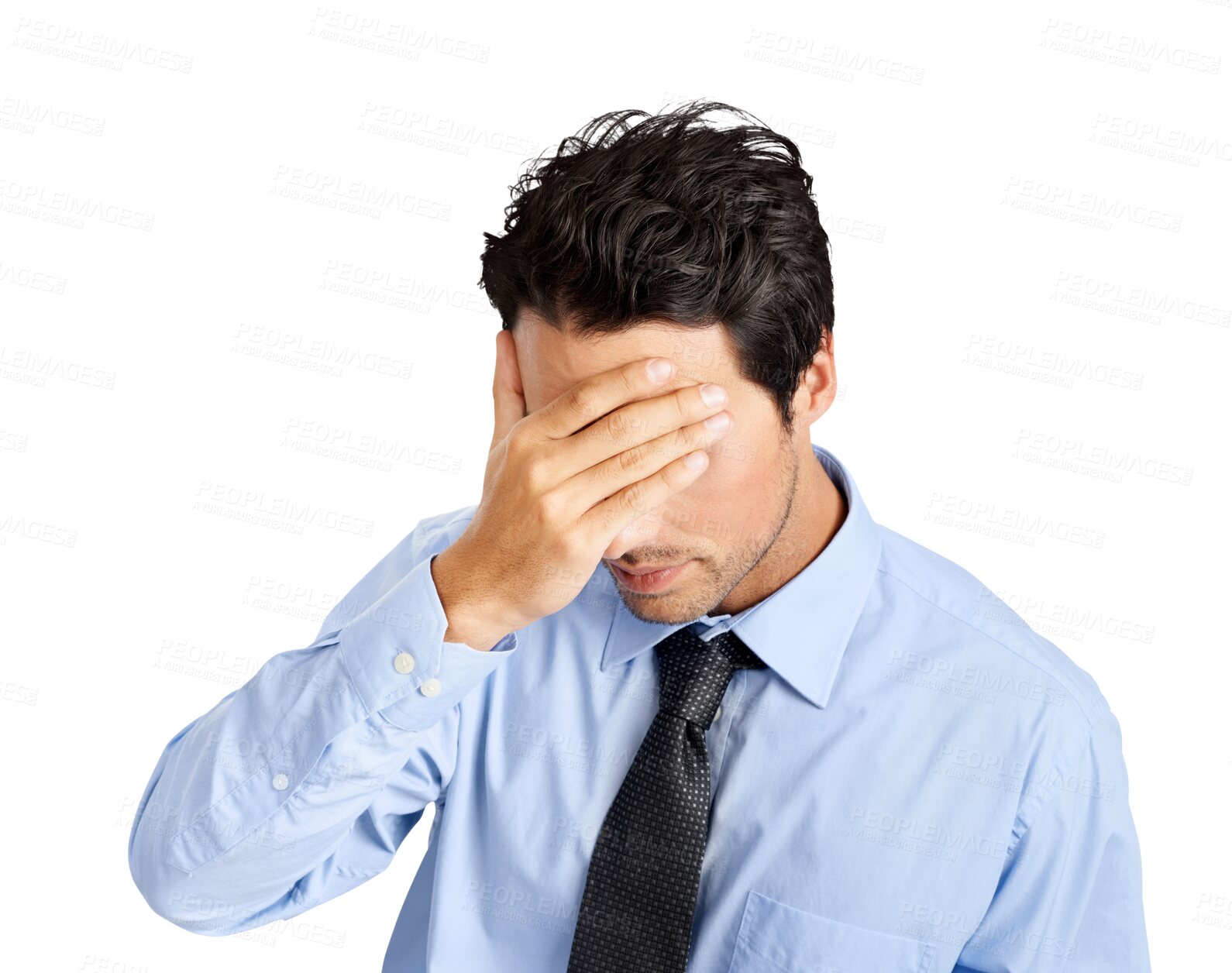 Buy stock photo Sad, shame and business man with depression, frustrated or crying for financial mistake, debt or crisis. Hide, cover and stress corporate person in finance fail isolated on transparent png background