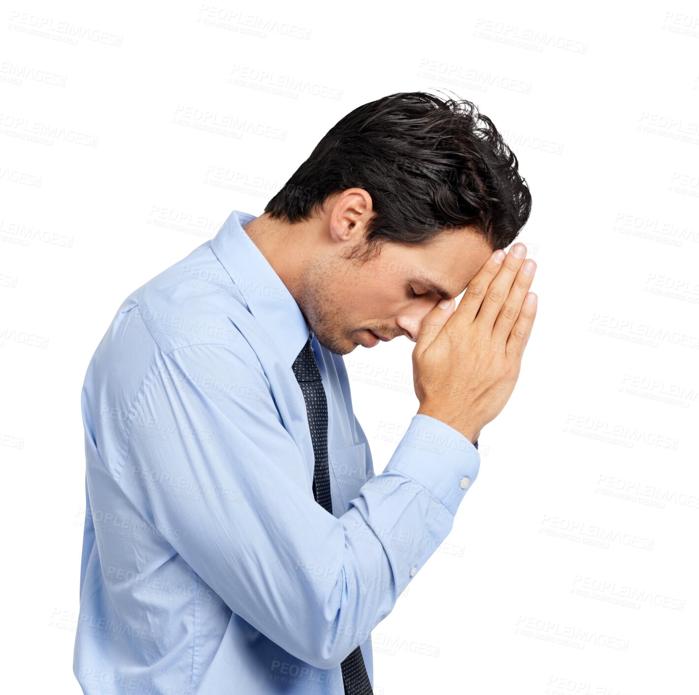 Buy stock photo Isolated business man, prayer and faith with hope for success in profile by transparent png background. Businessman, entrepreneur and praying for goals, solution or religion for development in career