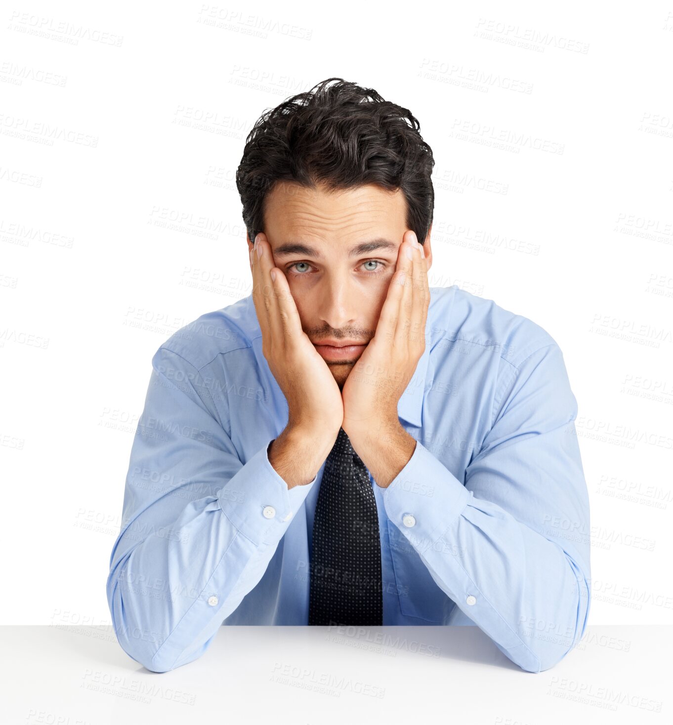 Buy stock photo Tired, stress and portrait of a sad businessman at a desk with burnout, depression and work problem. Anxiety, mental health and an employee with fatigue isolated on a transparent png background