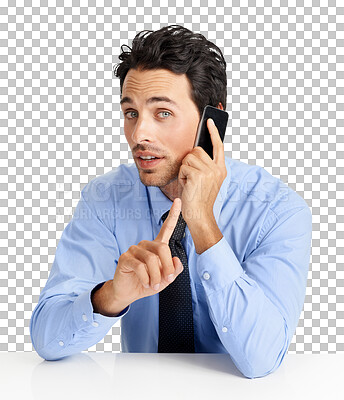 Buy stock photo Isolated business man, phone call and stop in portrait, conversation and talking by transparent png background. Businessman, wait sign and smartphone for negotiation, contact or financial consulting