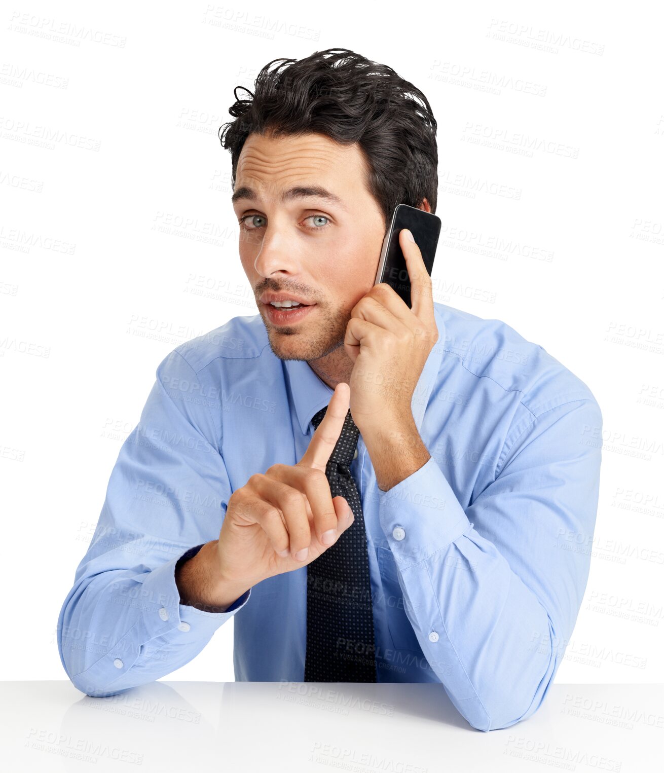Buy stock photo Isolated business man, phone call and stop in portrait, conversation and talking by transparent png background. Businessman, wait sign and smartphone for negotiation, contact or financial consulting