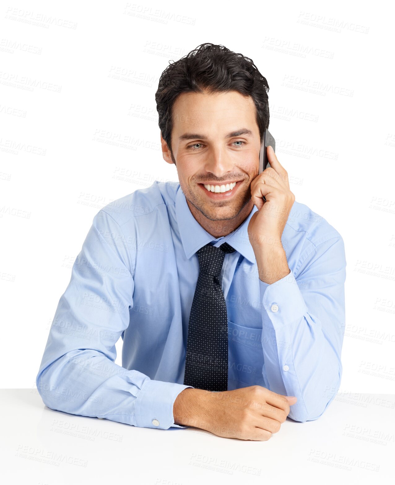 Buy stock photo Business, phone call and man talking, connection and  employee isolated against a transparent background. Male person, agent and consultant with a cellphone, png and contact with a smile and planning