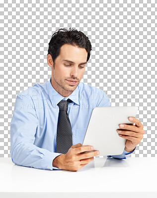 Buy stock photo Business man, tablet and technology for reading online report with app isolated on transparent png background. Email, internet and data analysis of male professional with focus on digital research 