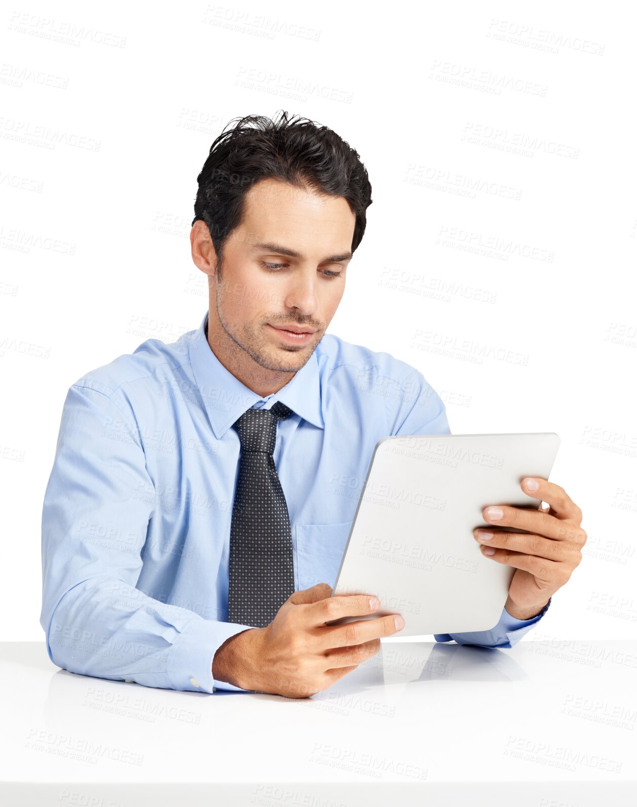 Buy stock photo Business man, tablet and technology for reading online report with app isolated on transparent png background. Email, internet and data analysis of male professional with focus on digital research 