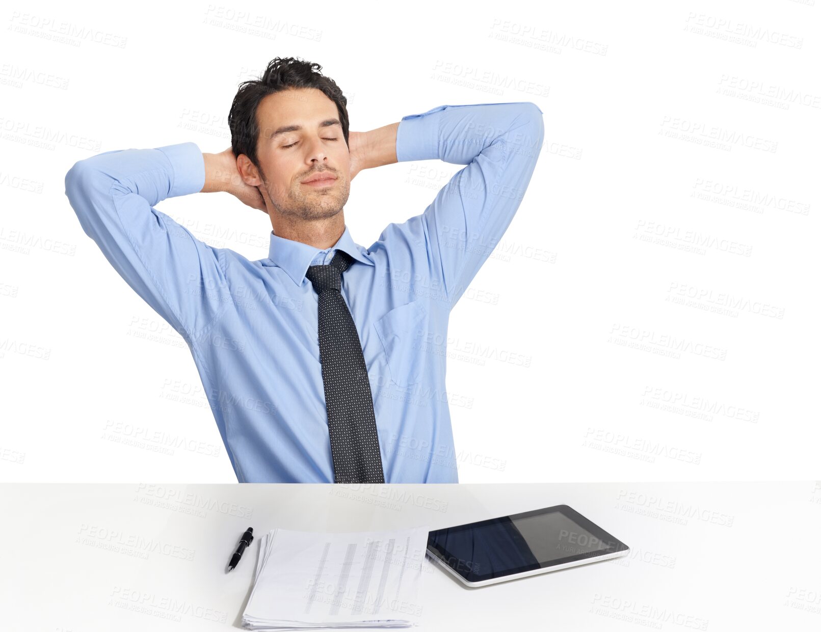 Buy stock photo Relax, tired and businessman stretching at desk for burnout, fatigue or resting. Calm, corporate and accountant man with fintech paperwork on a break at table isolated on transparent png background