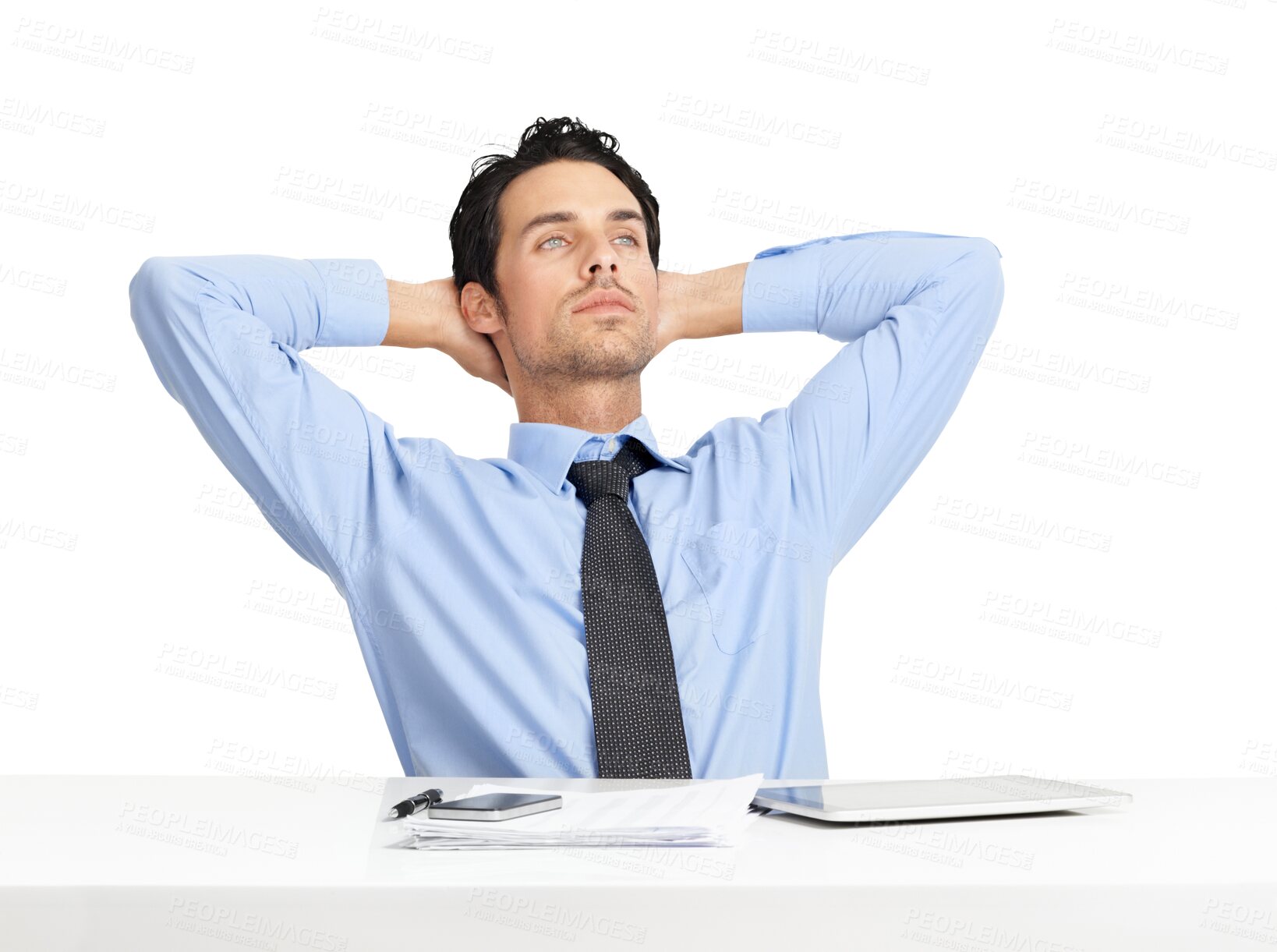 Buy stock photo Relax, businessman and thinking at desk while isolated against a transparent png background. Imagine or ideas, comfortable or documents and think with stretching accountant sit relaxing at his table