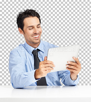 Buy stock photo Business man, tablet and technology, laughing at video or meme online isolated on transparent png background. Social media, internet streaming and comedy, male professional  on break and connectivity