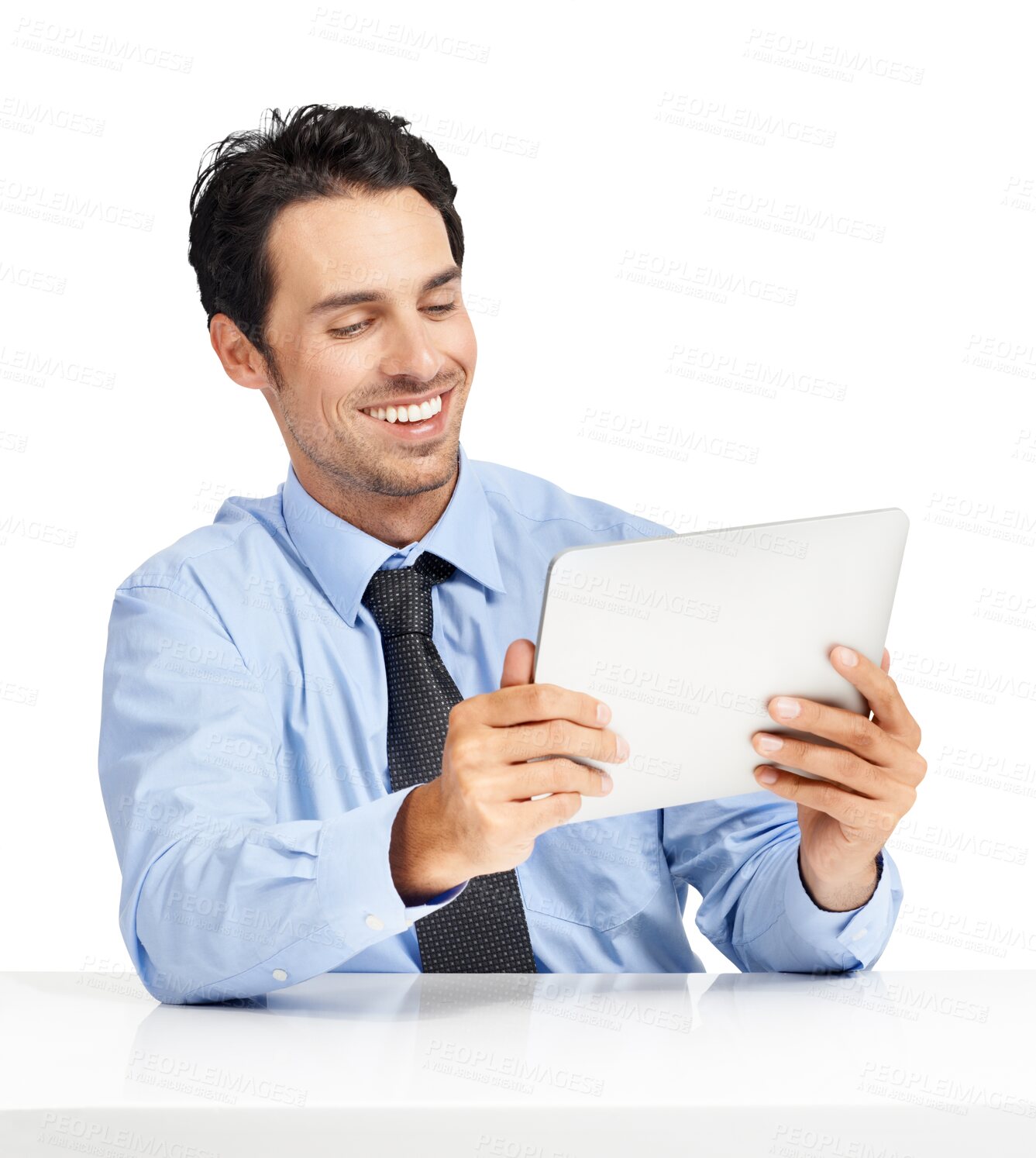 Buy stock photo Business man, tablet and technology, laughing at video or meme online isolated on transparent png background. Social media, internet streaming and comedy, male professional  on break and connectivity
