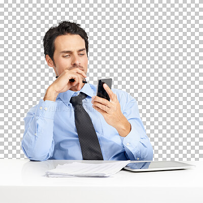 Buy stock photo Technology, businessman on a smartphone and laptop isolated against a transparent png background. Social networking, online communication and accountant reading a email on a cellphone with paperwork