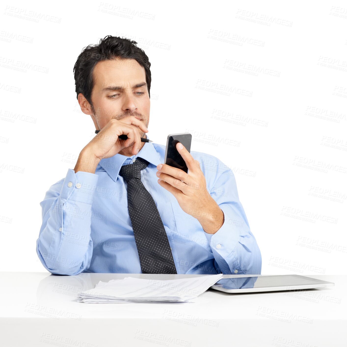 Buy stock photo Technology, businessman on a smartphone and laptop isolated against a transparent png background. Social networking, online communication and accountant reading a email on a cellphone with paperwork
