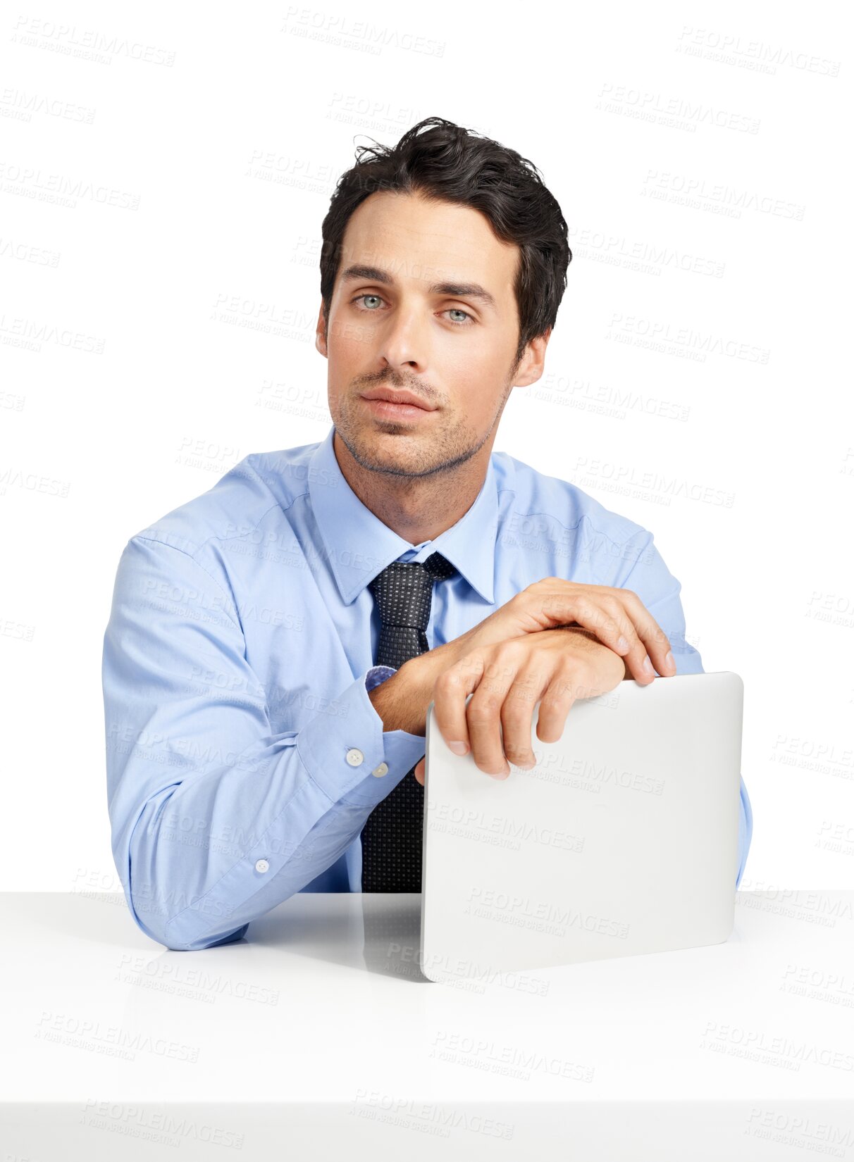Buy stock photo Technology, portrait of a businessman with a tablet at his desk and isolated against a transparent png background. Online communication or social networking, confident and male accountant with tech 
