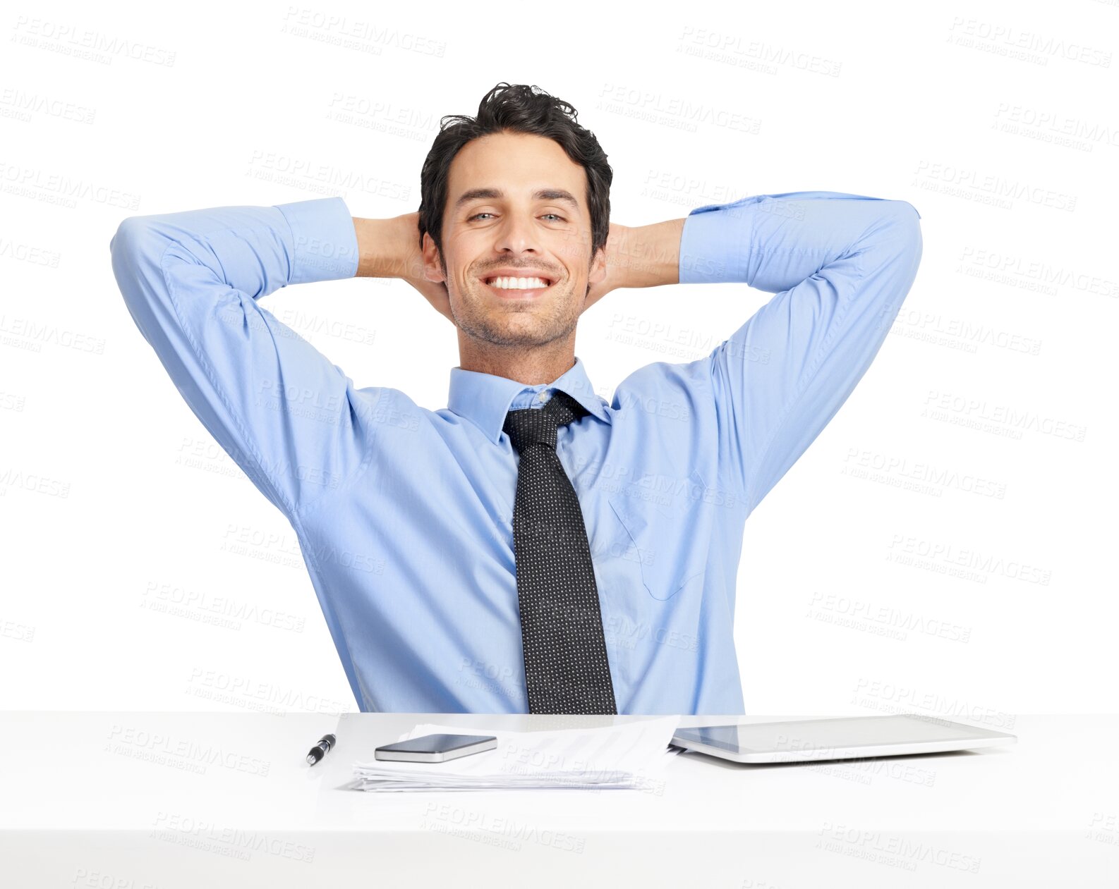Buy stock photo Portrait, accountant and business man relax isolated on a transparent png background. Smile, auditor and male professional relaxing, stretching or rest in Canada after complete work, job and success.