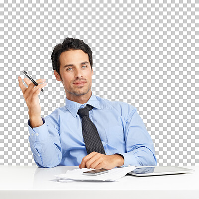 Buy stock photo Portrait, business and man with documents, insurance agent and consultant isolated on a transparent background. Male person, employee or research for risk management with technology, png or paperwork