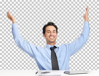 Buy stock photo Business, man and celebration of success at desk or cheering on transparent, isolated or png background. Businessman, portrait and happy for achievement, deal or excited corporate employee for bonus