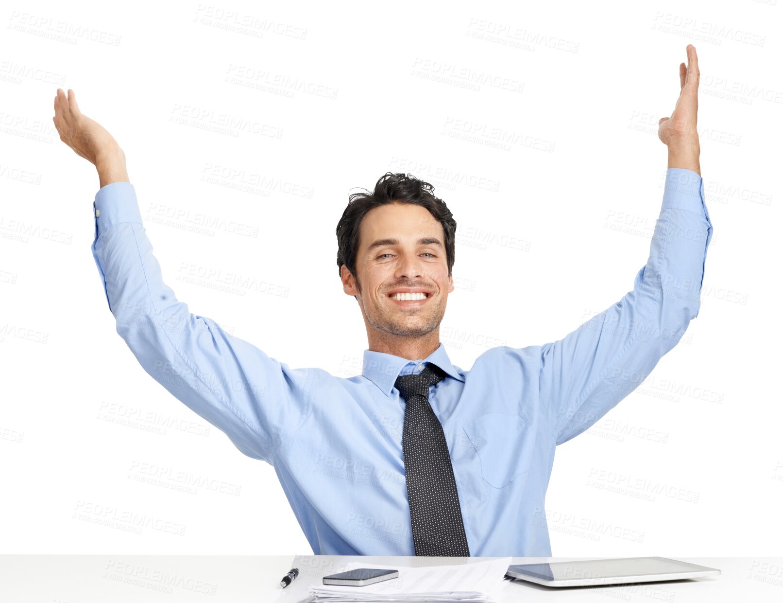 Buy stock photo Business, man and celebration of success at desk or cheering on transparent, isolated or png background. Businessman, portrait and happy for achievement, deal or excited corporate employee for bonus
