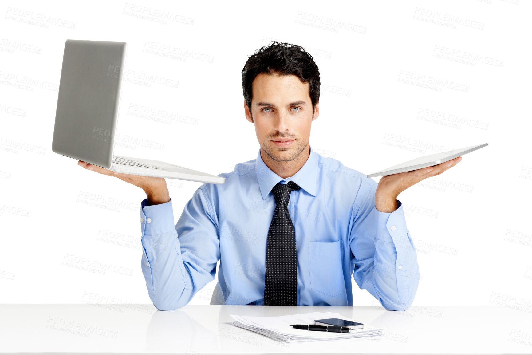 Buy stock photo Decision, portrait of a business with laptop vs tablet with paperwork at a desk isolated against a transparent png background. Compare device, technology and person with different choice for upgrade