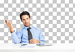 A businessman sitting at his desk and gesturing while looking at you isolated on a png background