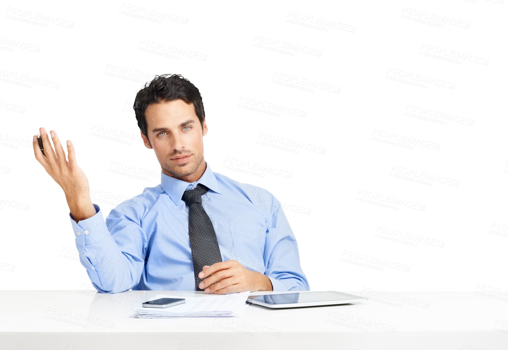 Buy stock photo Portrait, hand gesture and man with a question, interview and employee isolated against a transparent background. Male person, business owner or consultant with technology, recruitment or png with hr