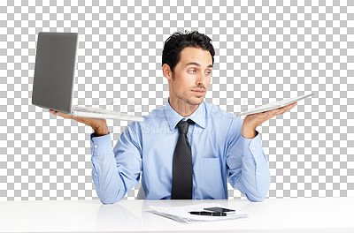 Buy stock photo Decision, businessman with laptop vs tablet with compare at a desk isolated against a transparent png background. Choose or different, choice and young male person with tech table for technology
