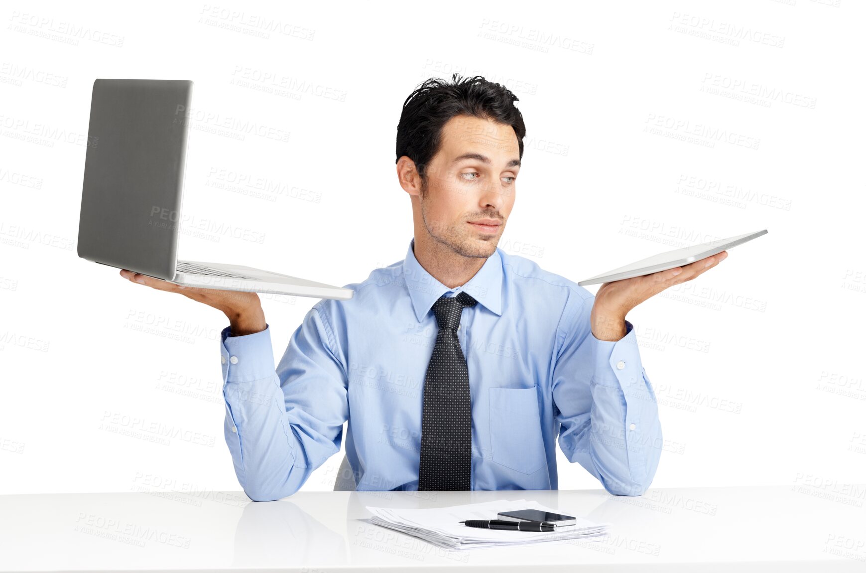 Buy stock photo Decision, businessman with laptop vs tablet with compare at a desk isolated against a transparent png background. Choose or different, choice and young male person with tech table for technology