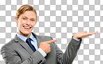  a handsome businessman standing alone in the studio and pointing at a promotion isolated on a png background